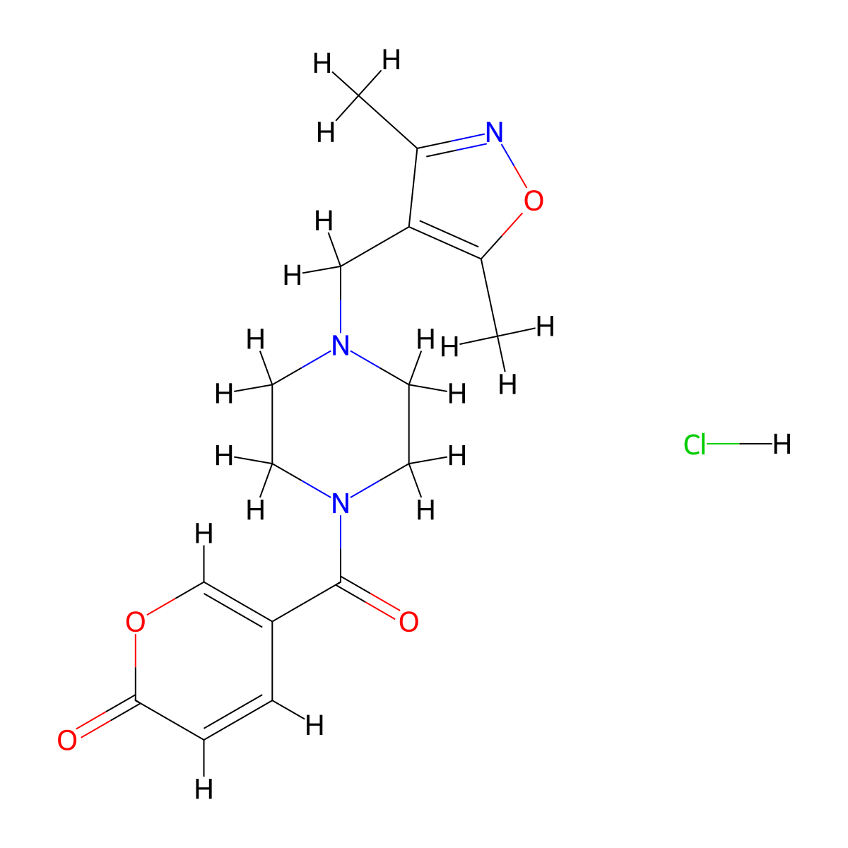5-(4-((3,5-dimethylisoxazol-4-yl)methyl)piperazine-1-carbonyl)-2H-pyran-2-one hydrochloride molecular structure, CAS 1396846-58-4
