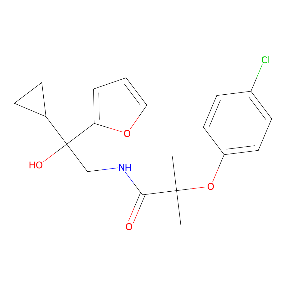 2-(4-chlorophenoxy)-N-[2-cyclopropyl-2-(furan-2-yl)-2-hydroxyethyl]-2-methylpropanamide molecular structure, CAS 1396846-90-4