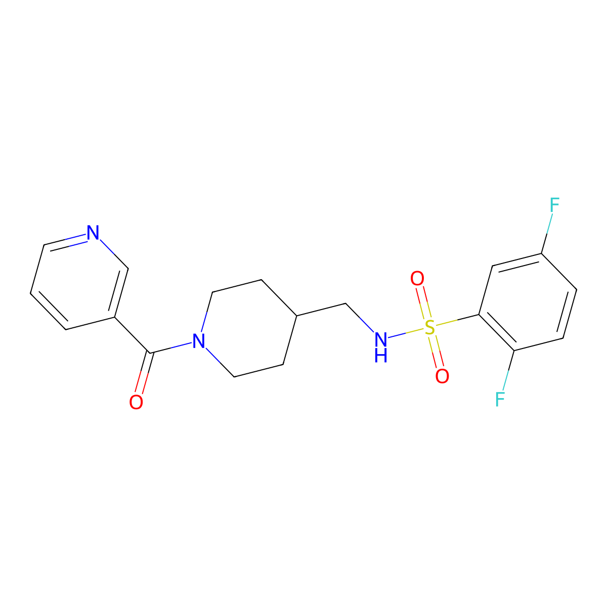 2,5-difluoro-N-((1-nicotinoylpiperidin-4-yl)methyl)benzenesulfonamide molecular structure, CAS 1396846-91-5