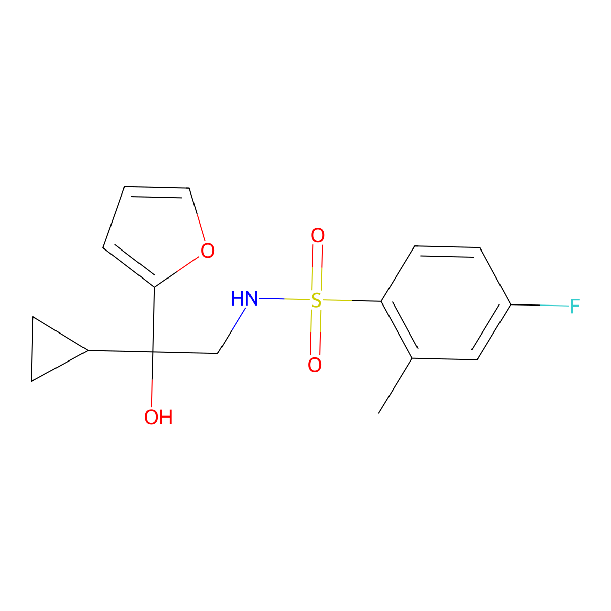 N-(2-cyclopropyl-2-(furan-2-yl)-2-hydroxyethyl)-4-fluoro-2-methylbenzenesulfonamide molecular structure, CAS 1396846-94-8