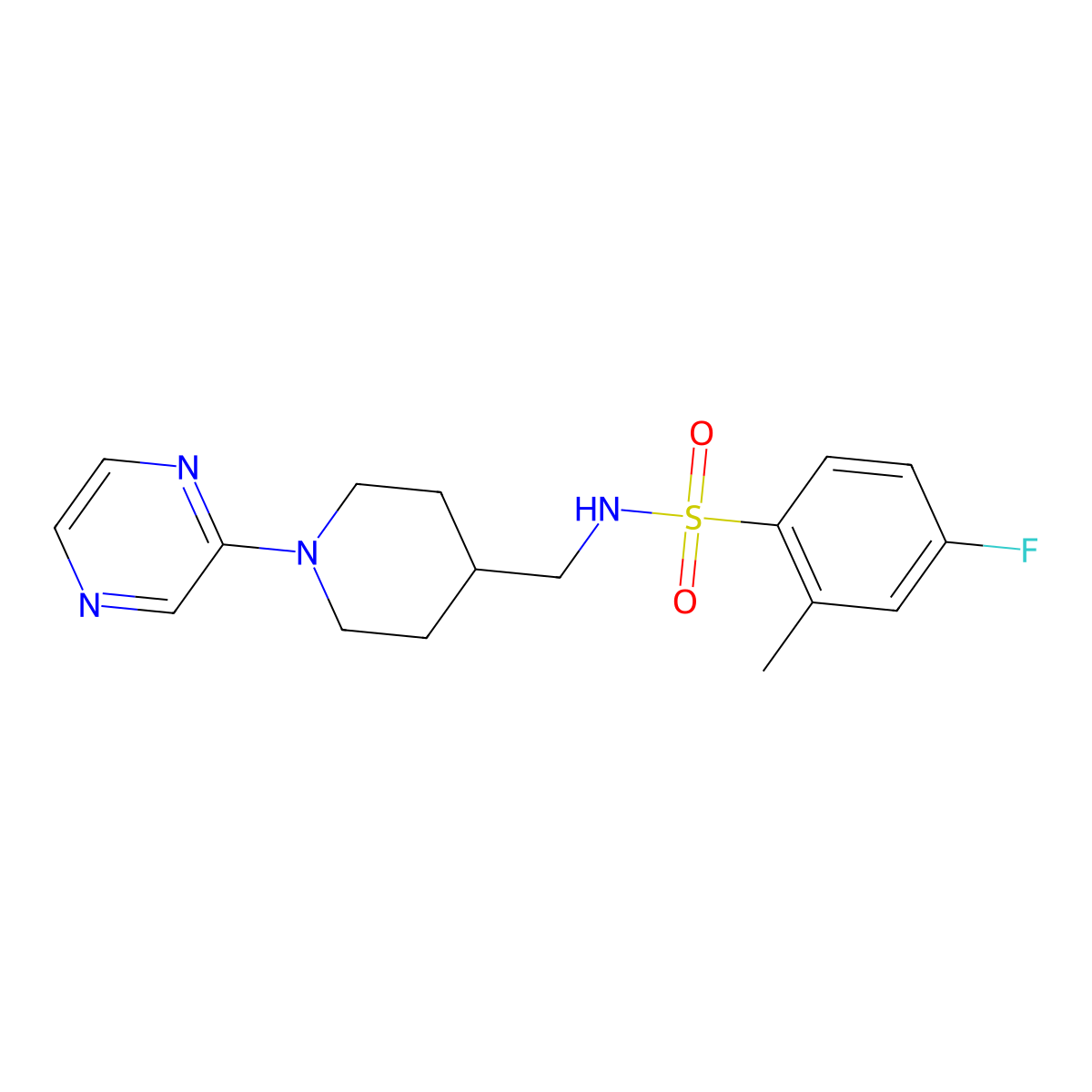 4-fluoro-2-methyl-N-((1-(pyrazin-2-yl)piperidin-4-yl)methyl)benzenesulfonamide molecular structure, CAS 1396846-98-2