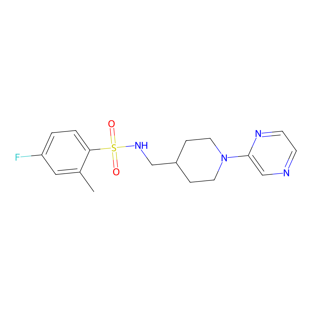 4-fluoro-2-methyl-N-((1-(pyrazin-2-yl)piperidin-4-yl)methyl)benzenesulfonamide molecular structure, CAS 1396846-98-2