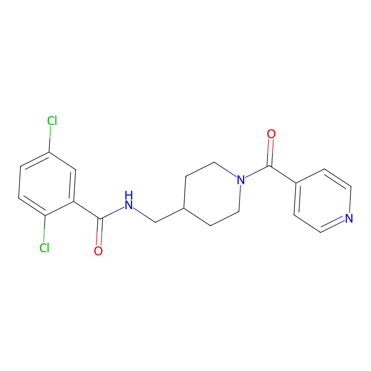 2,5-dichloro-N-((1-isonicotinoylpiperidin-4-yl)methyl)benzamide molecular structure, CAS 1396847-02-1