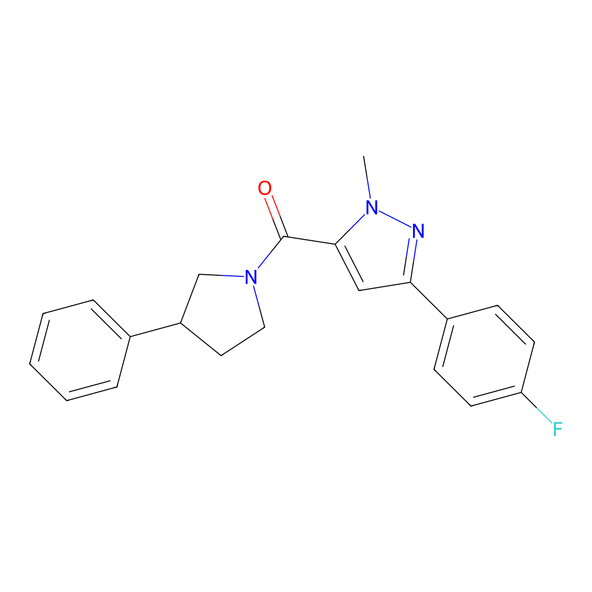 3-(4-fluorophenyl)-1-methyl-5-(3-phenylpyrrolidine-1-carbonyl)-1H-pyrazole molecular structure, CAS 1396847-14-5