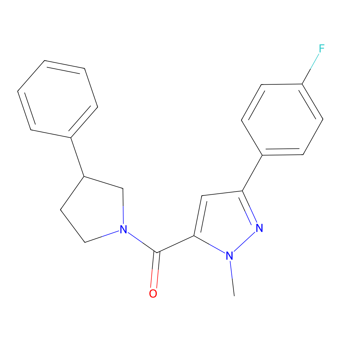 3-(4-fluorophenyl)-1-methyl-5-(3-phenylpyrrolidine-1-carbonyl)-1H-pyrazole molecular structure, CAS 1396847-14-5