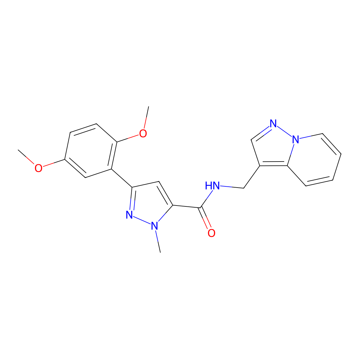 3-(2,5-dimethoxyphenyl)-1-methyl-N-(pyrazolo[1,5-a]pyridin-3-ylmethyl)-1H-pyrazole-5-carboxamide molecular structure, CAS 1396847-26-9