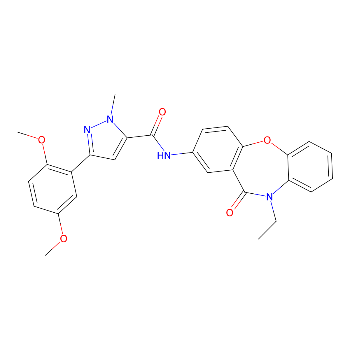 3-(2,5-dimethoxyphenyl)-N-{9-ethyl-10-oxo-2-oxa-9-azatricyclo[9.4.0.0^{3,8}]pentadeca-1(11),3(8),4,6,12,14-hexaen-13-yl}-1-methyl-1H-pyrazole-5-carboxamide molecular structure, CAS 1396847-29-2