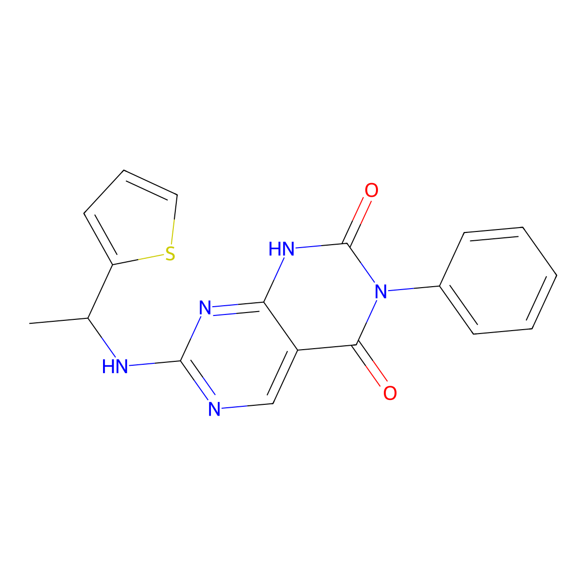 3-phenyl-7-{[1-(2-thienyl)ethyl]amino}pyrimido[4,5-d]pyrimidine-2,4(1H,3H)-dione molecular structure, CAS 1396847-32-7