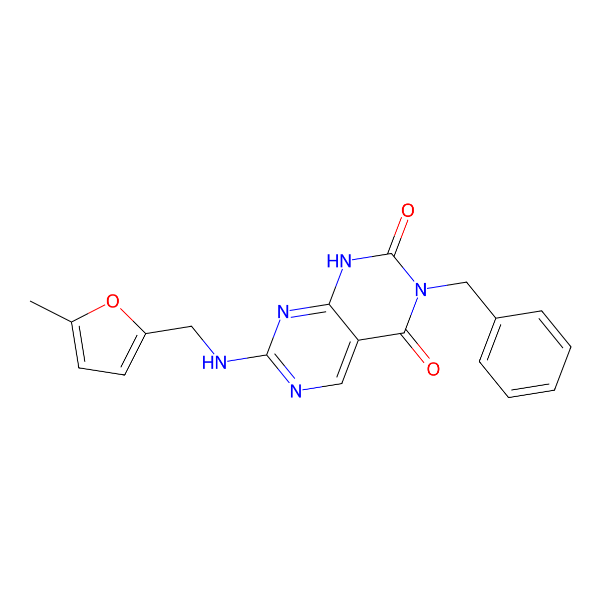 3-benzyl-7-(((5-methylfuran-2-yl)methyl)amino)pyrimido[4,5-d]pyrimidine-2,4(1H,3H)-dione molecular structure, CAS 1396847-37-2