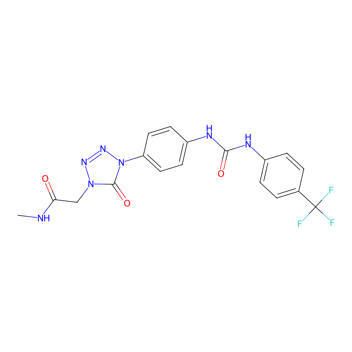 N-methyl-2-(5-oxo-4-(4-(3-(4-(trifluoromethyl)phenyl)ureido)phenyl)-4,5-dihydro-1H-tetrazol-1-yl)acetamide molecular structure, CAS 1396847-41-8