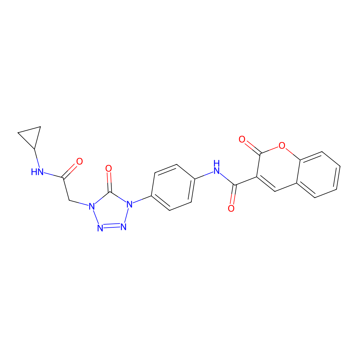 N-(4-(4-(2-(cyclopropylamino)-2-oxoethyl)-5-oxo-4,5-dihydro-1H-tetrazol-1-yl)phenyl)-2-oxo-2H-chromene-3-carboxamide molecular structure, CAS 1396847-46-3