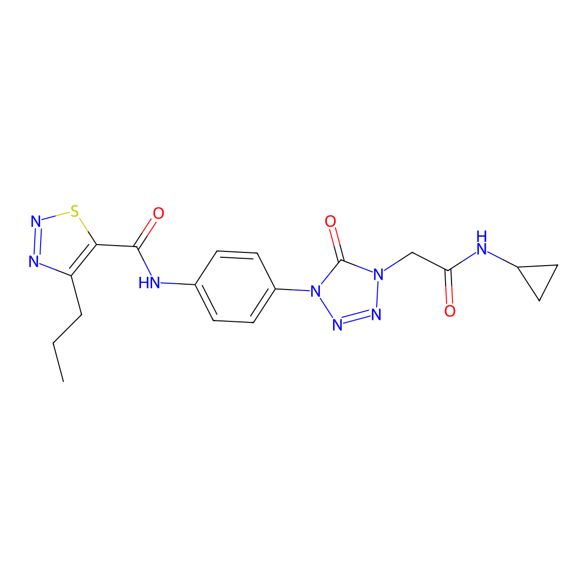 N-(4-(4-(2-(cyclopropylamino)-2-oxoethyl)-5-oxo-4,5-dihydro-1H-tetrazol-1-yl)phenyl)-4-propyl-1,2,3-thiadiazole-5-carboxamide molecular structure, CAS 1396847-51-0