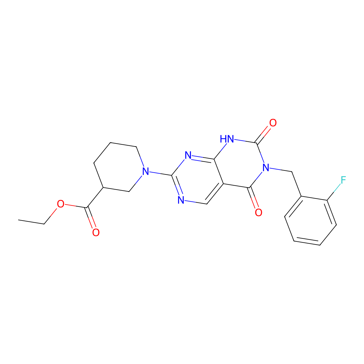 Ethyl 1-(6-(2-fluorobenzyl)-5,7-dioxo-5,6,7,8-tetrahydropyrimido[4,5-d]pyrimidin-2-yl)piperidine-3-carboxylate molecular structure, CAS 1396847-55-4