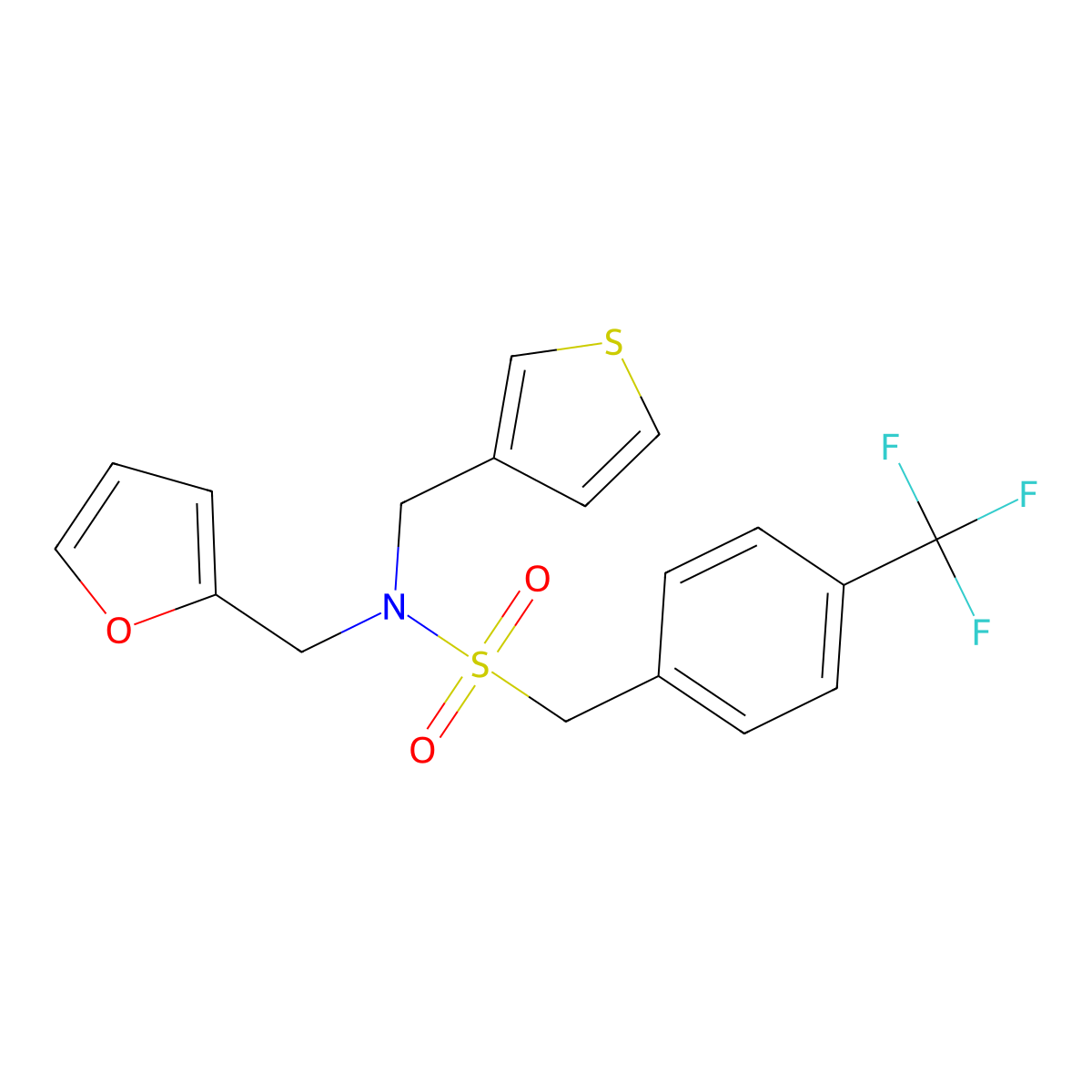 N-(furan-2-ylmethyl)-N-(thiophen-3-ylmethyl)-1-(4-(trifluoromethyl)phenyl)methanesulfonamide molecular structure, CAS 1396847-60-1