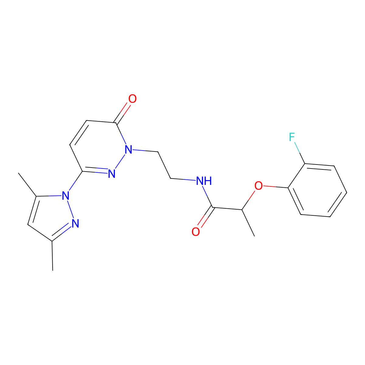 N-(2-(3-(3,5-dimethyl-1H-pyrazol-1-yl)-6-oxopyridazin-1(6H)-yl)ethyl)-2-(2-fluorophenoxy)propanamide molecular structure, CAS 1396847-62-3
