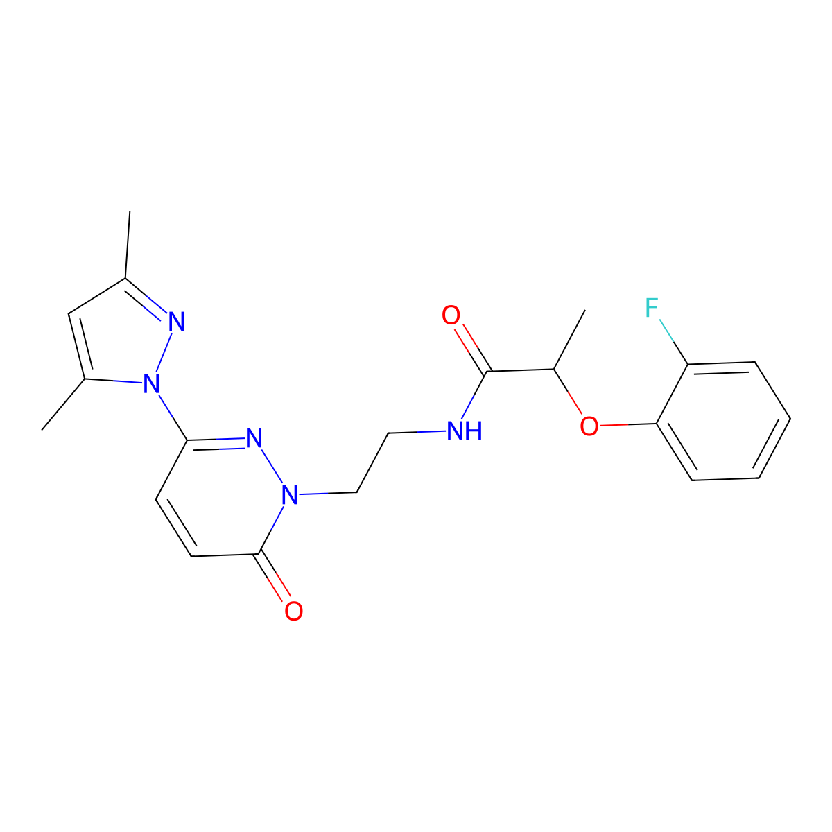 N-(2-(3-(3,5-dimethyl-1H-pyrazol-1-yl)-6-oxopyridazin-1(6H)-yl)ethyl)-2-(2-fluorophenoxy)propanamide molecular structure, CAS 1396847-62-3