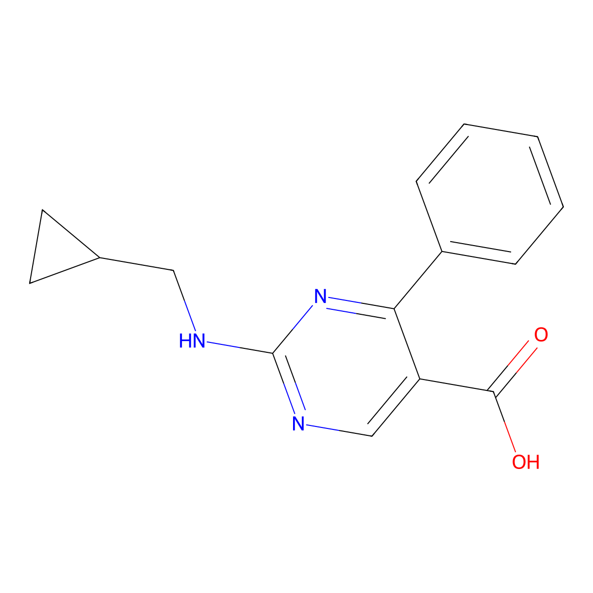 2-((Cyclopropylmethyl)amino)-4-phenylpyrimidine-5-carboxylic acid molecular structure, CAS 1396847-66-7