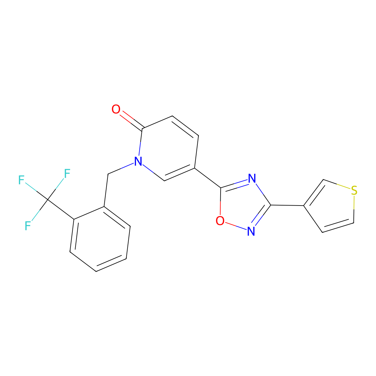 5-(3-(thiophen-3-yl)-1,2,4-oxadiazol-5-yl)-1-(2-(trifluoromethyl)benzyl)pyridin-2(1H)-one molecular structure, CAS 1396847-87-2