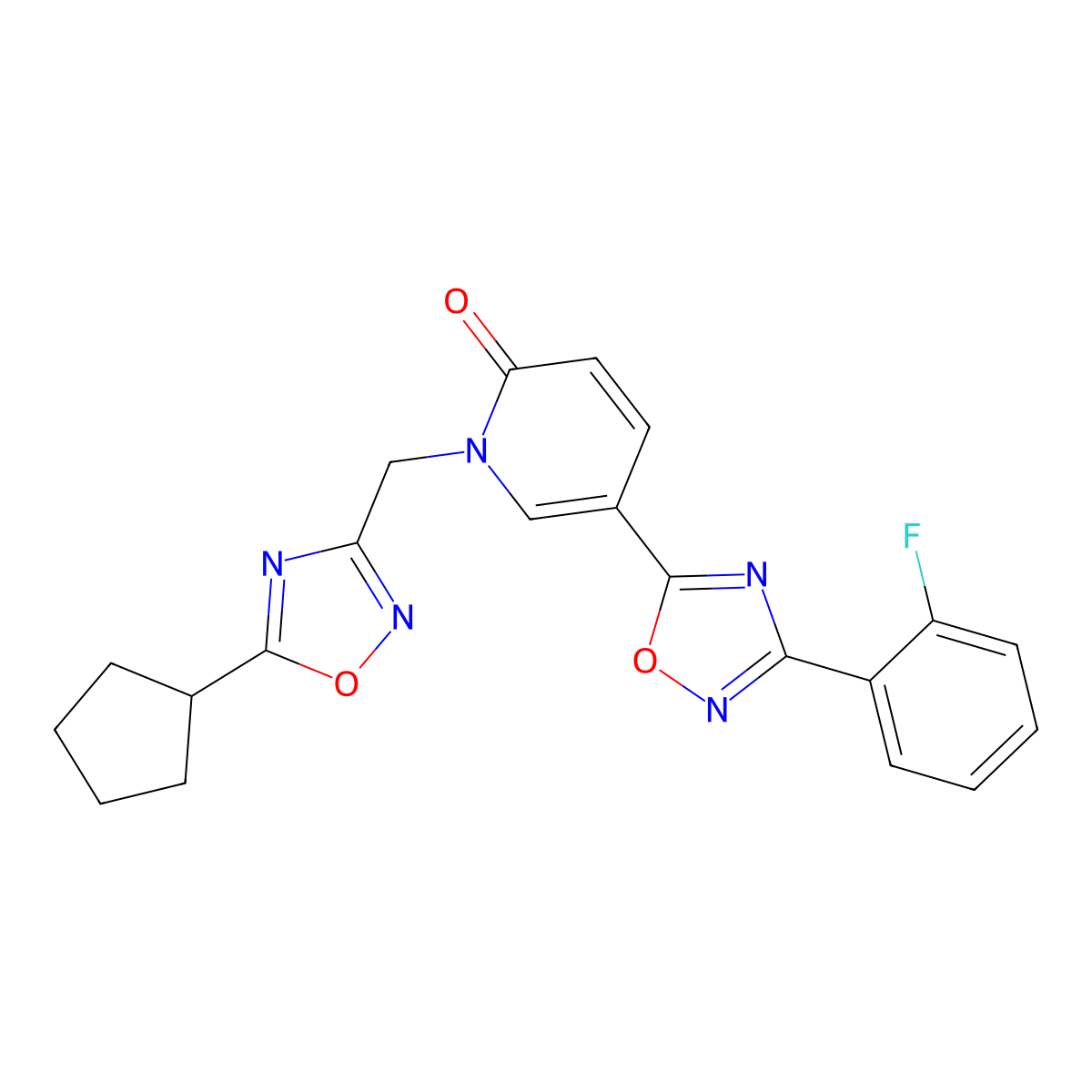 1-((5-cyclopentyl-1,2,4-oxadiazol-3-yl)methyl)-5-(3-(2-fluorophenyl)-1,2,4-oxadiazol-5-yl)pyridin-2(1H)-one molecular structure, CAS 1396847-92-9