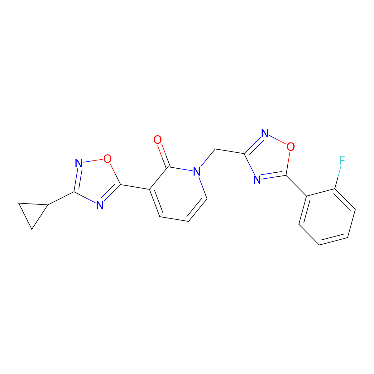 3-(3-cyclopropyl-1,2,4-oxadiazol-5-yl)-1-((5-(2-fluorophenyl)-1,2,4-oxadiazol-3-yl)methyl)pyridin-2(1H)-one molecular structure, CAS 1396848-21-7