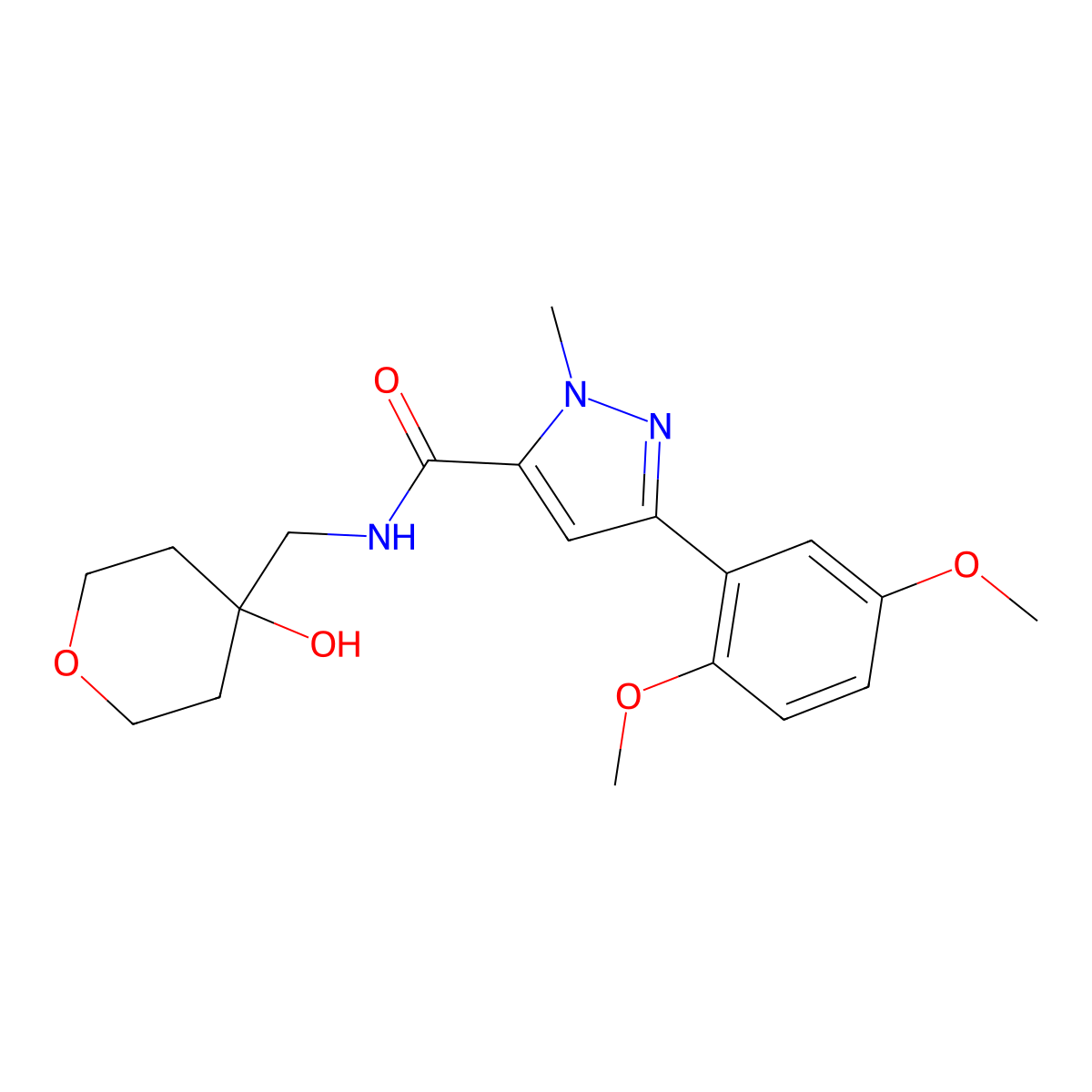 3-(2,5-dimethoxyphenyl)-N-((4-hydroxytetrahydro-2H-pyran-4-yl)methyl)-1-methyl-1H-pyrazole-5-carboxamide molecular structure, CAS 1396848-27-3