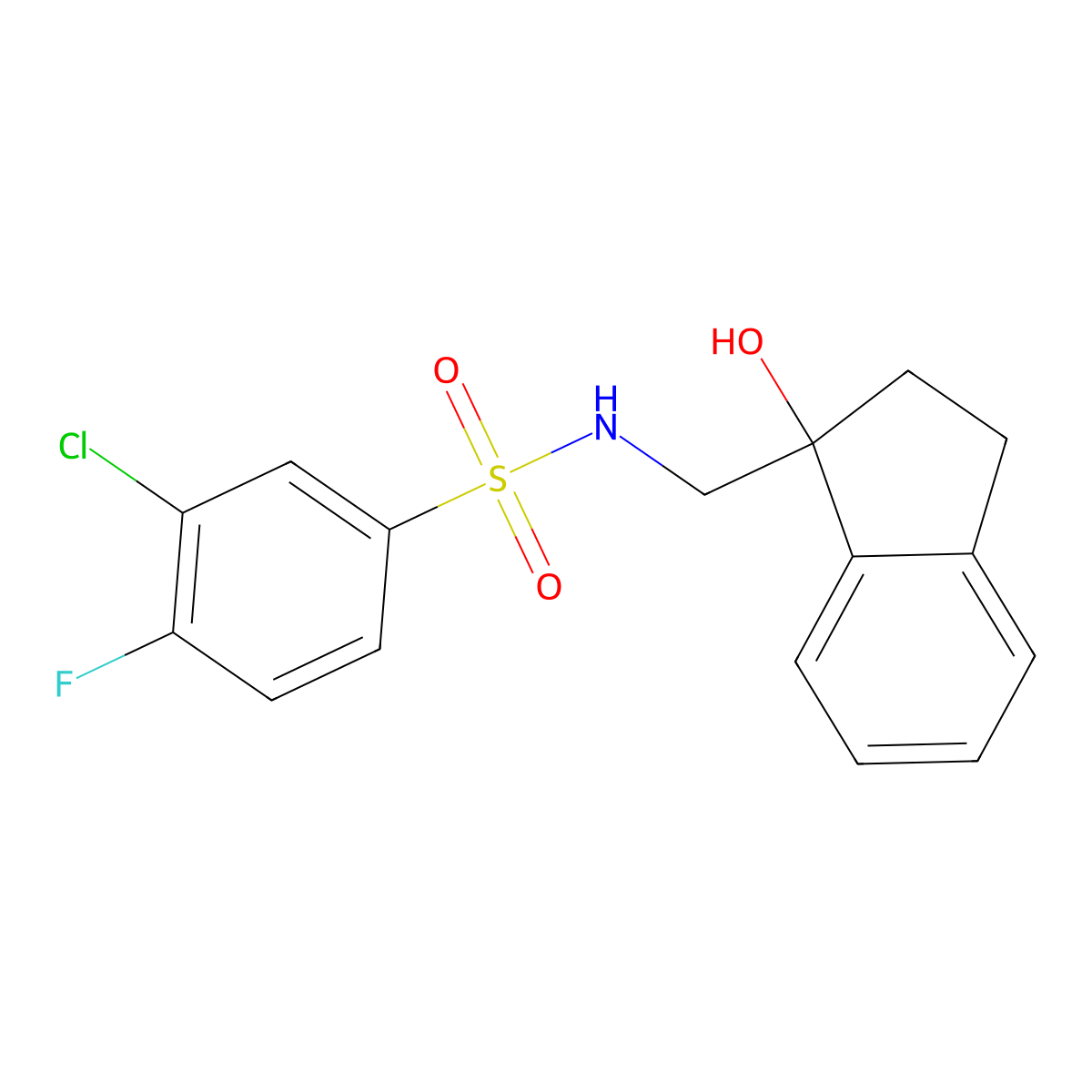 3-chloro-4-fluoro-N-((1-hydroxy-2,3-dihydro-1H-inden-1-yl)methyl)benzenesulfonamide molecular structure, CAS 1396848-34-2