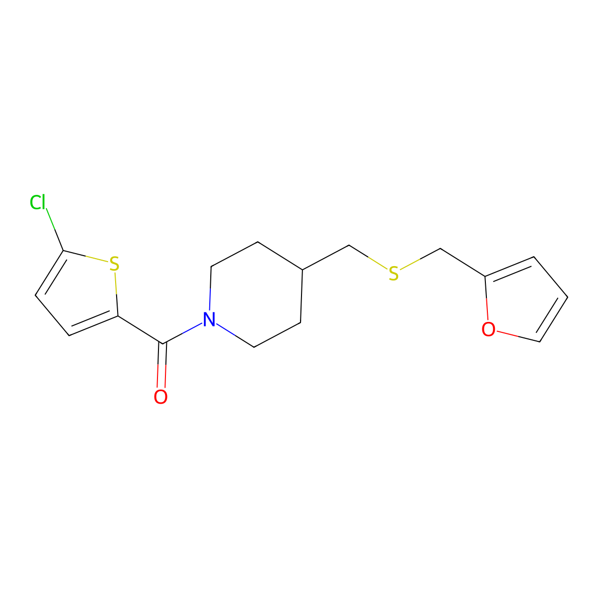 (5-Chlorothiophen-2-yl)(4-(((furan-2-ylmethyl)thio)methyl)piperidin-1-yl)methanone molecular structure, CAS 1396848-45-5
