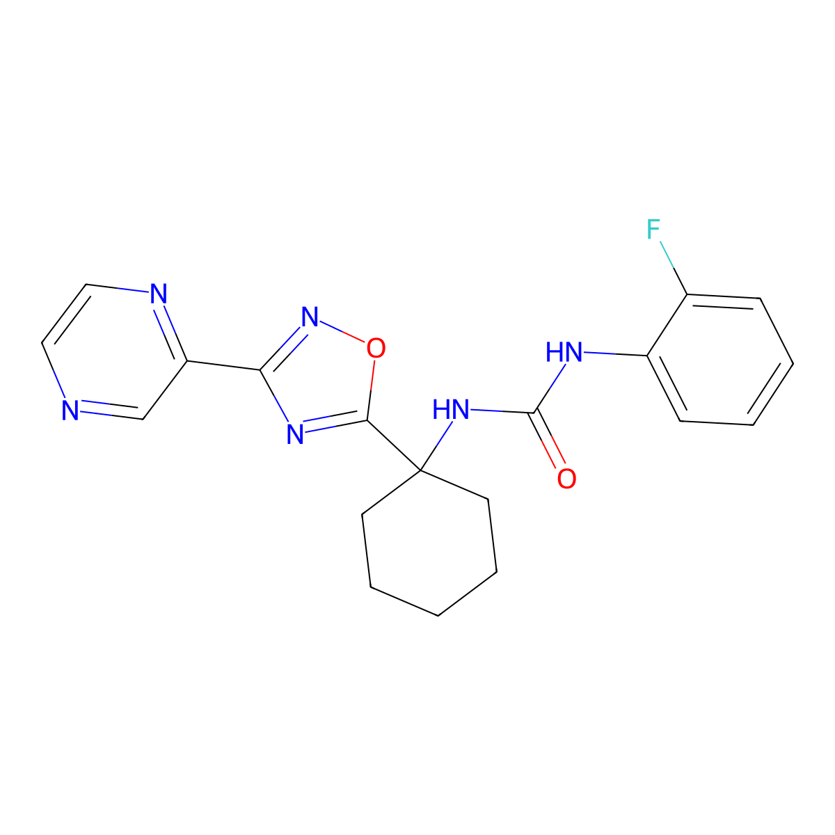 1-(2-Fluorophenyl)-3-{1-[3-(pyrazin-2-yl)-1,2,4-oxadiazol-5-yl]cyclohexyl}urea molecular structure, CAS 1396848-57-9