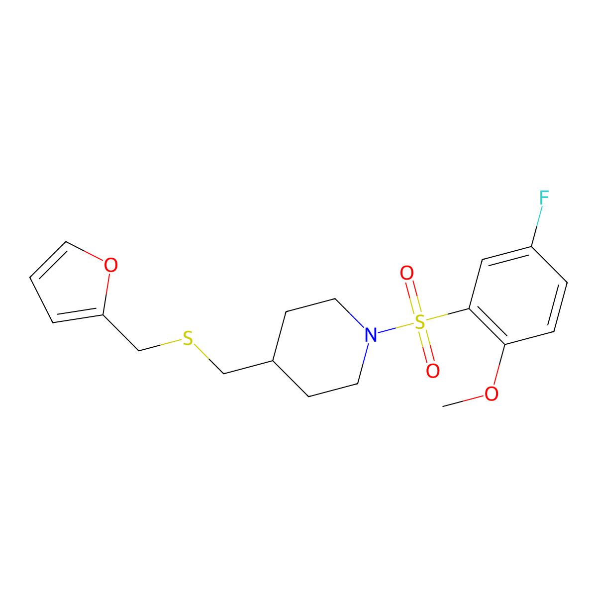 1-((5-Fluoro-2-methoxyphenyl)sulfonyl)-4-(((furan-2-ylmethyl)thio)methyl)piperidine molecular structure, CAS 1396848-61-5