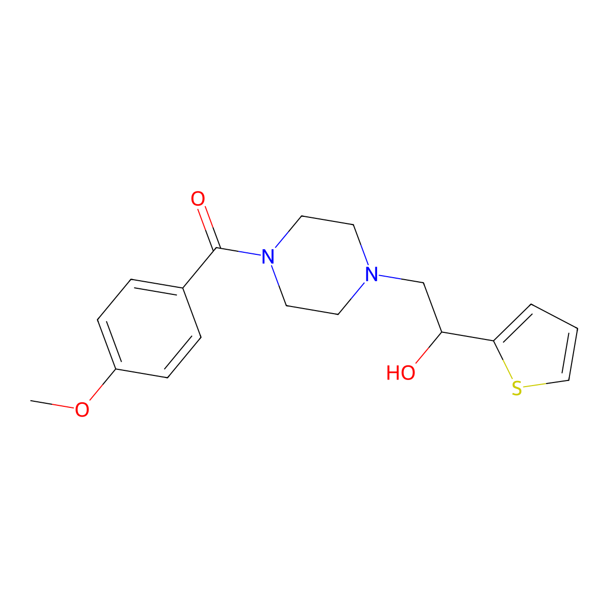 (4-(2-Hydroxy-2-(thiophen-2-yl)ethyl)piperazin-1-yl)(4-methoxyphenyl)methanone molecular structure, CAS 1396848-64-8
