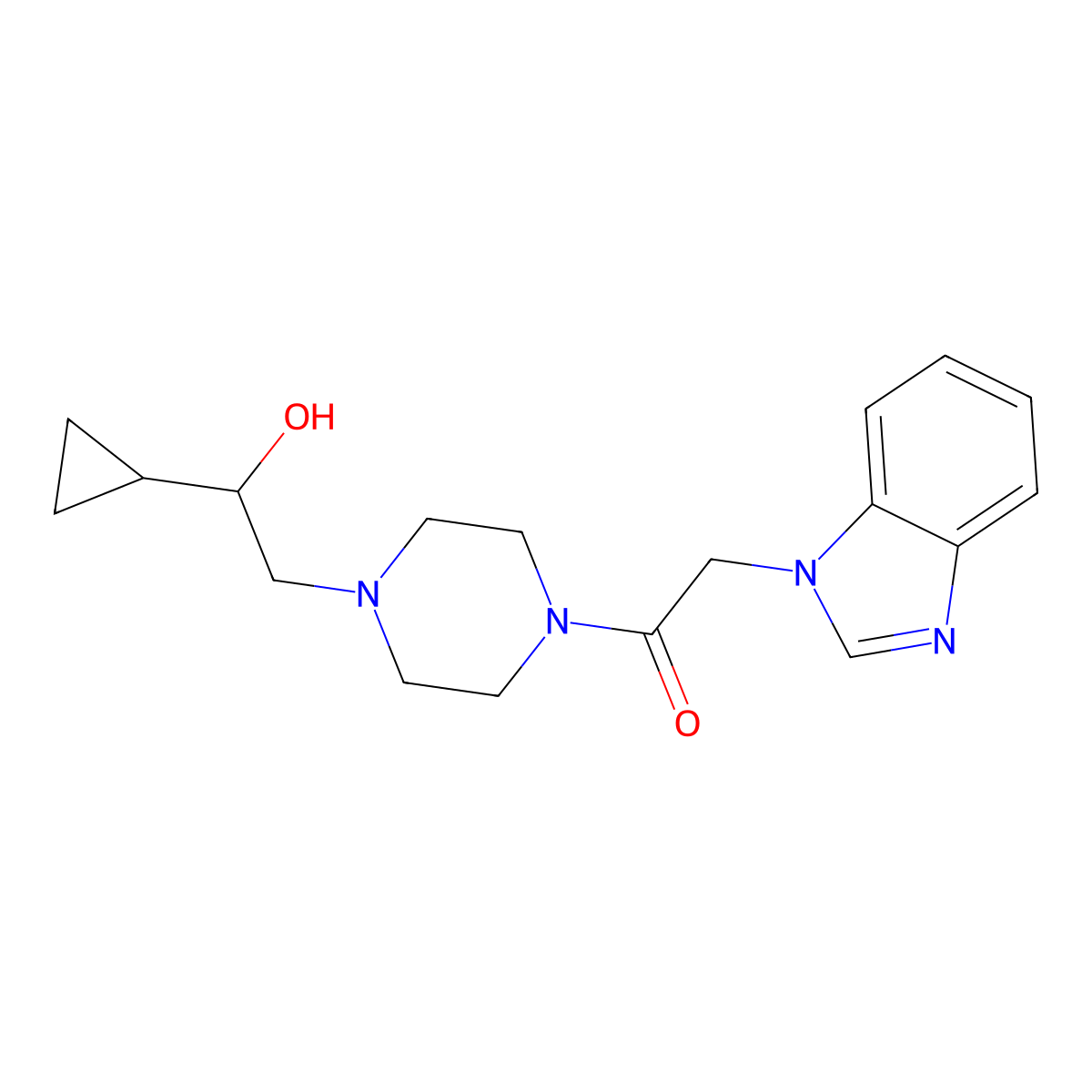 2-(1H-benzo[d]imidazol-1-yl)-1-(4-(2-cyclopropyl-2-hydroxyethyl)piperazin-1-yl)ethanone molecular structure, CAS 1396848-79-5