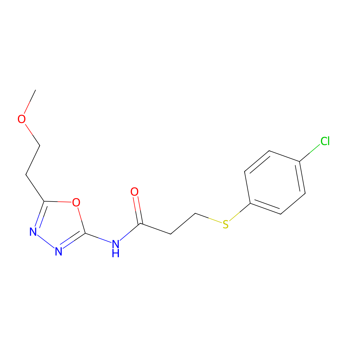 3-((4-chlorophenyl)thio)-N-(5-(2-methoxyethyl)-1,3,4-oxadiazol-2-yl)propanamide molecular structure, CAS 1396849-00-5