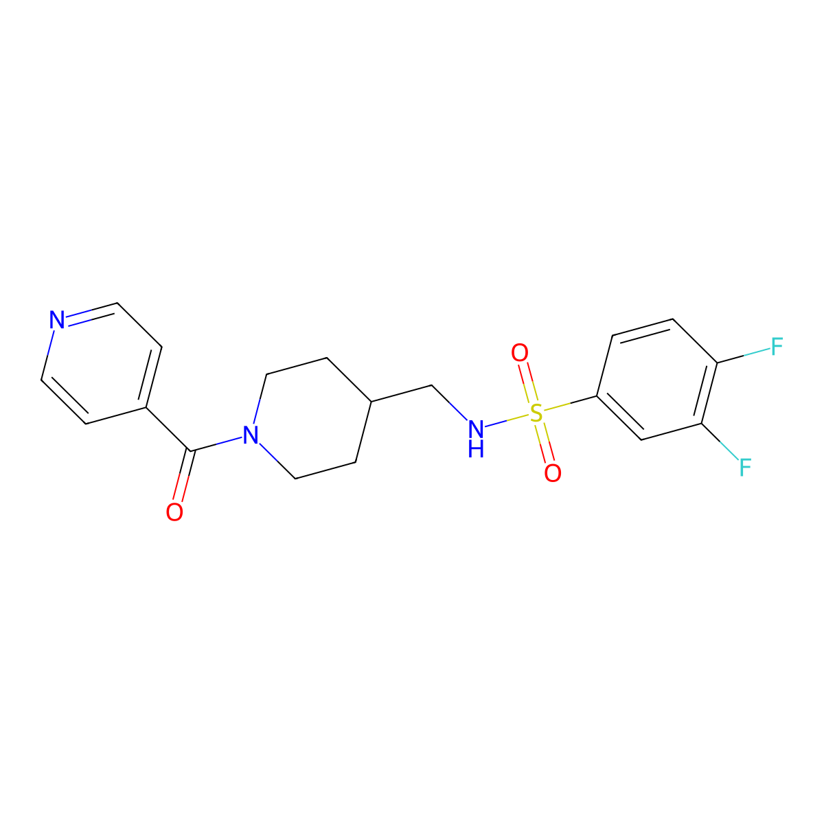 3,4-difluoro-N-((1-isonicotinoylpiperidin-4-yl)methyl)benzenesulfonamide molecular structure, CAS 1396849-06-1