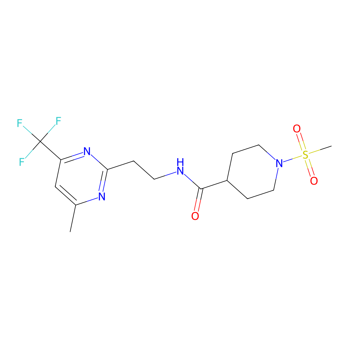 N-(2-(4-methyl-6-(trifluoromethyl)pyrimidin-2-yl)ethyl)-1-(methylsulfonyl)piperidine-4-carboxamide molecular structure, CAS 1396849-13-0