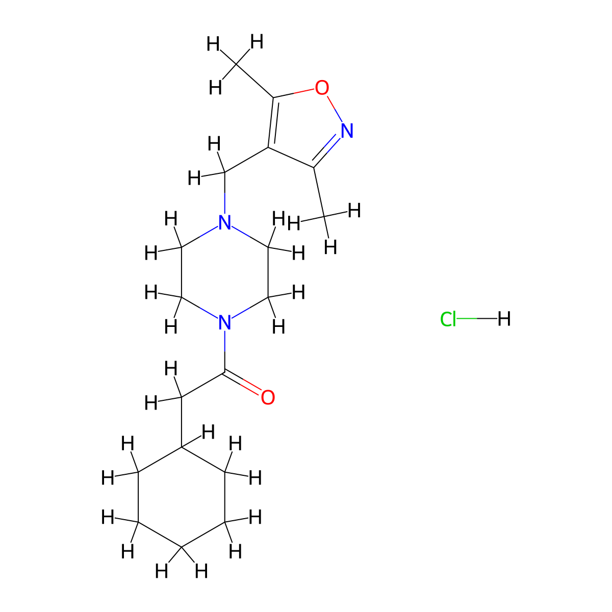 2-Cyclohexyl-1-(4-((3,5-dimethylisoxazol-4-yl)methyl)piperazin-1-yl)ethanone hydrochloride molecular structure, CAS 1396849-20-9
