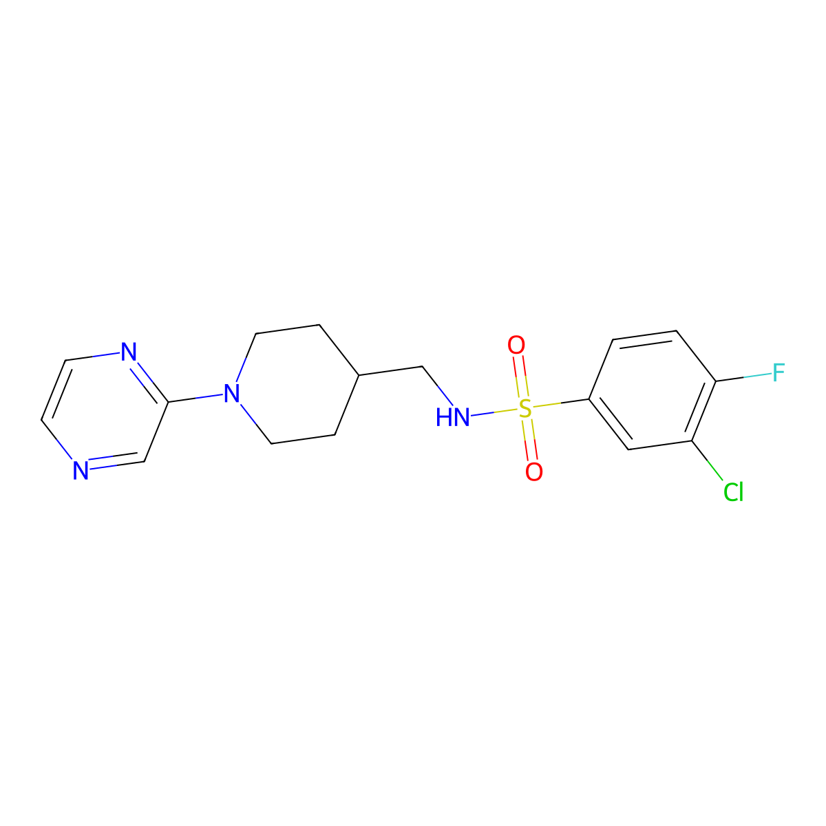 3-chloro-4-fluoro-N-((1-(pyrazin-2-yl)piperidin-4-yl)methyl)benzenesulfonamide molecular structure, CAS 1396849-28-7