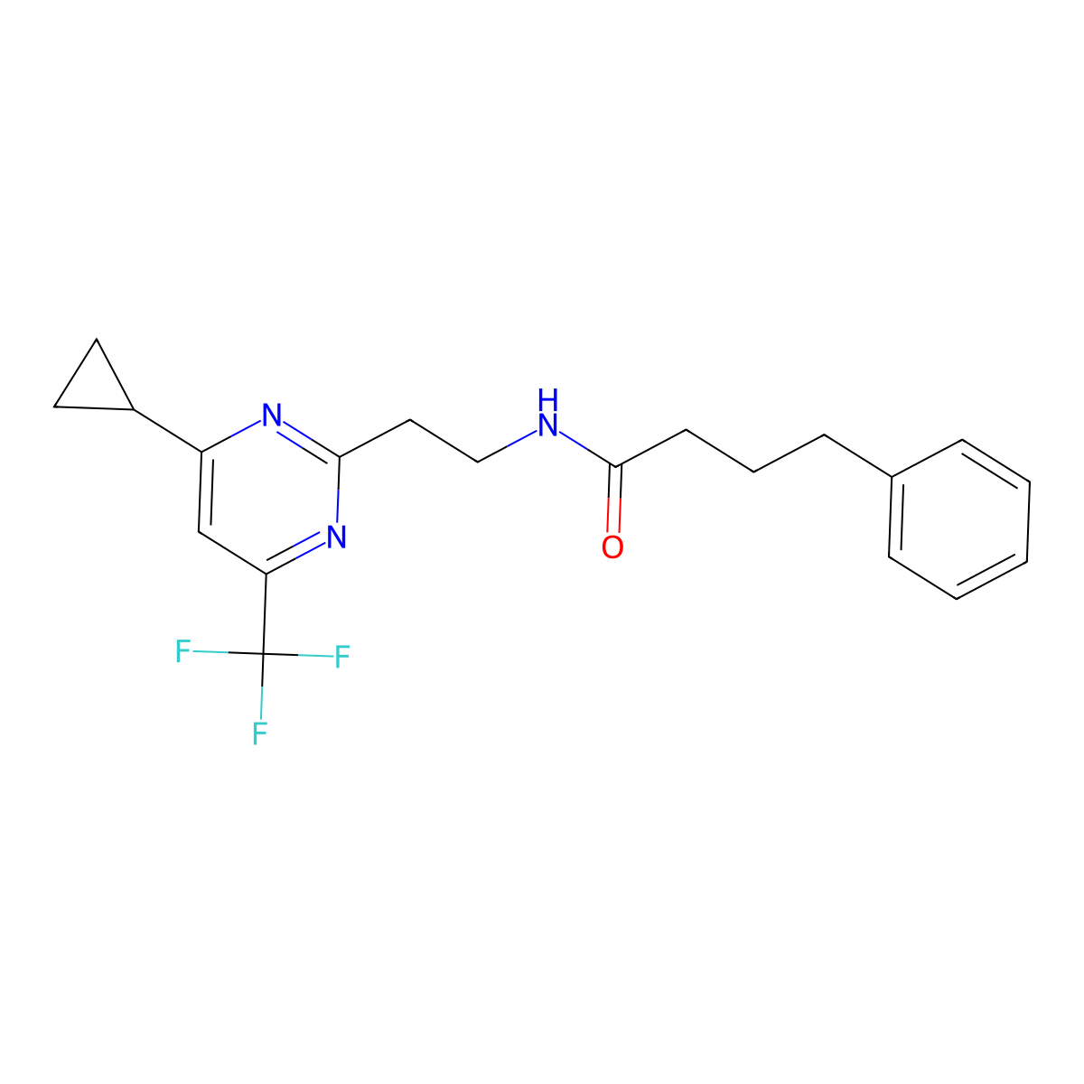 N-(2-(4-cyclopropyl-6-(trifluoromethyl)pyrimidin-2-yl)ethyl)-4-phenylbutanamide molecular structure, CAS 1396849-43-6