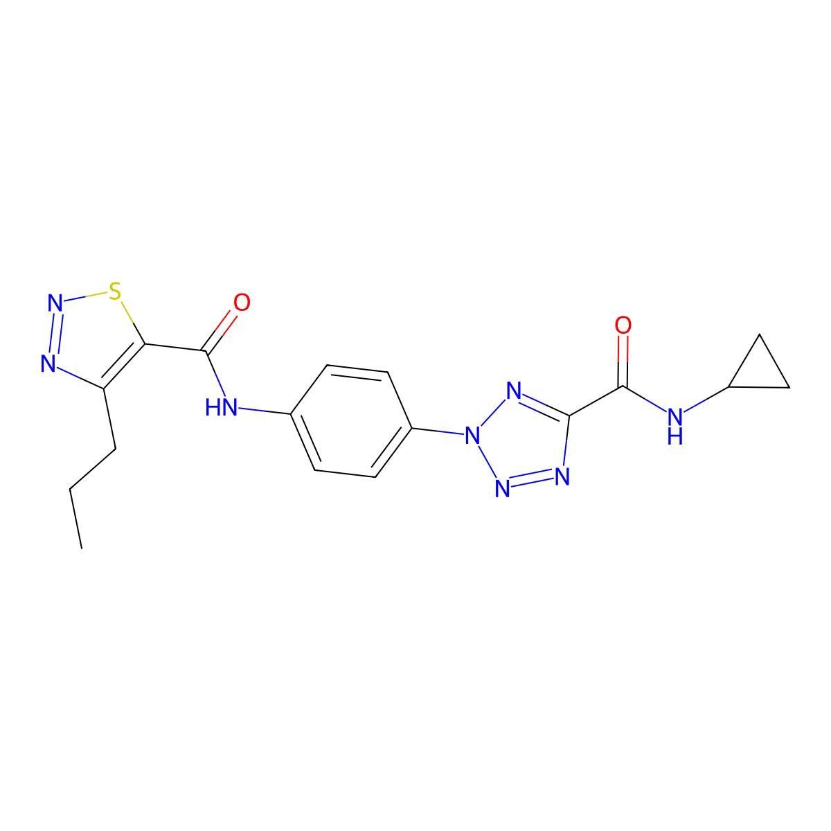 N-(4-(5-(cyclopropylcarbamoyl)-2H-tetrazol-2-yl)phenyl)-4-propyl-1,2,3-thiadiazole-5-carboxamide molecular structure, CAS 1396849-45-8