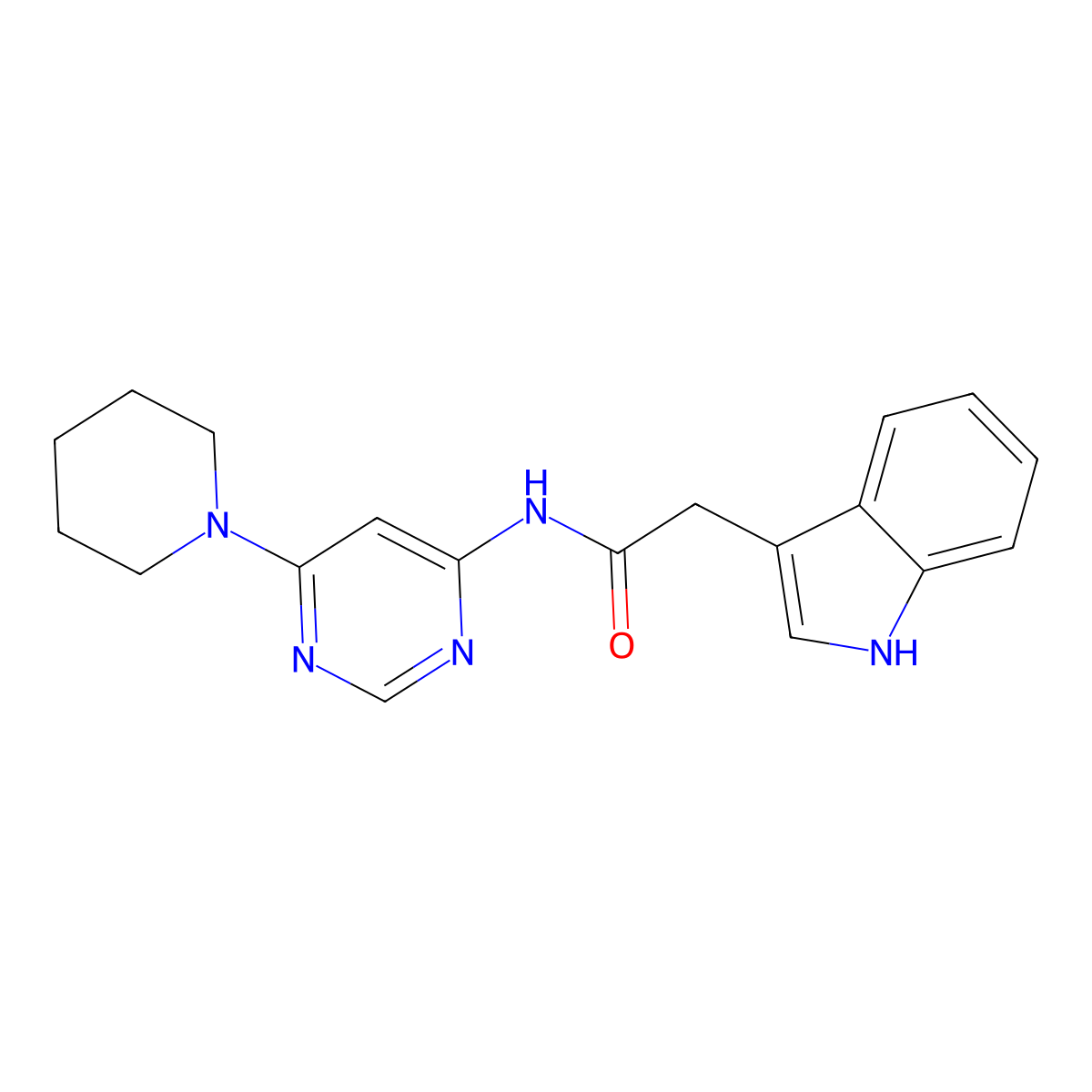 2-(1H-indol-3-yl)-N-[6-(piperidin-1-yl)pyrimidin-4-yl]acetamide molecular structure, CAS 1396849-47-0