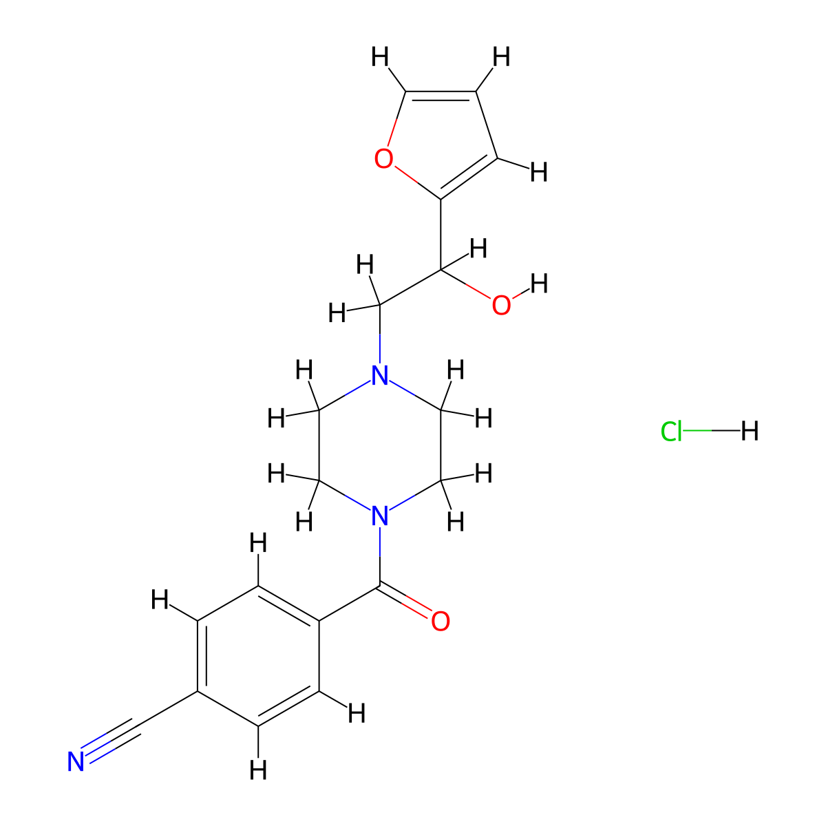 4-(4-(2-(Furan-2-yl)-2-hydroxyethyl)piperazine-1-carbonyl)benzonitrile hydrochloride molecular structure, CAS 1396849-50-5