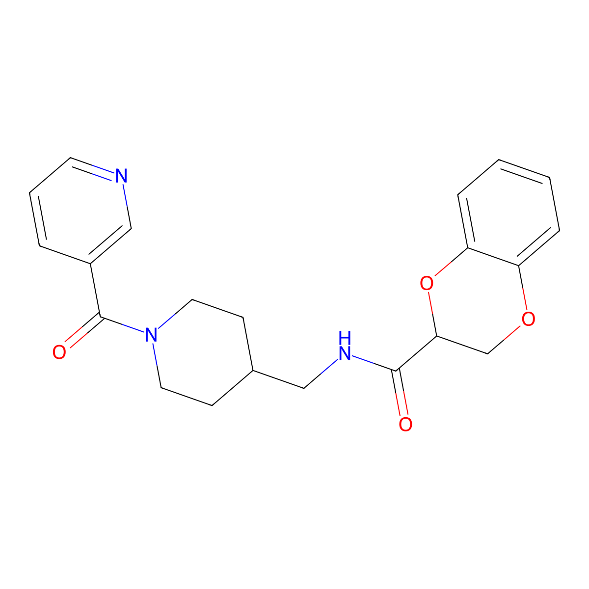 N-((1-nicotinoylpiperidin-4-yl)methyl)-2,3-dihydrobenzo[b][1,4]dioxine-2-carboxamide molecular structure, CAS 1396849-51-6