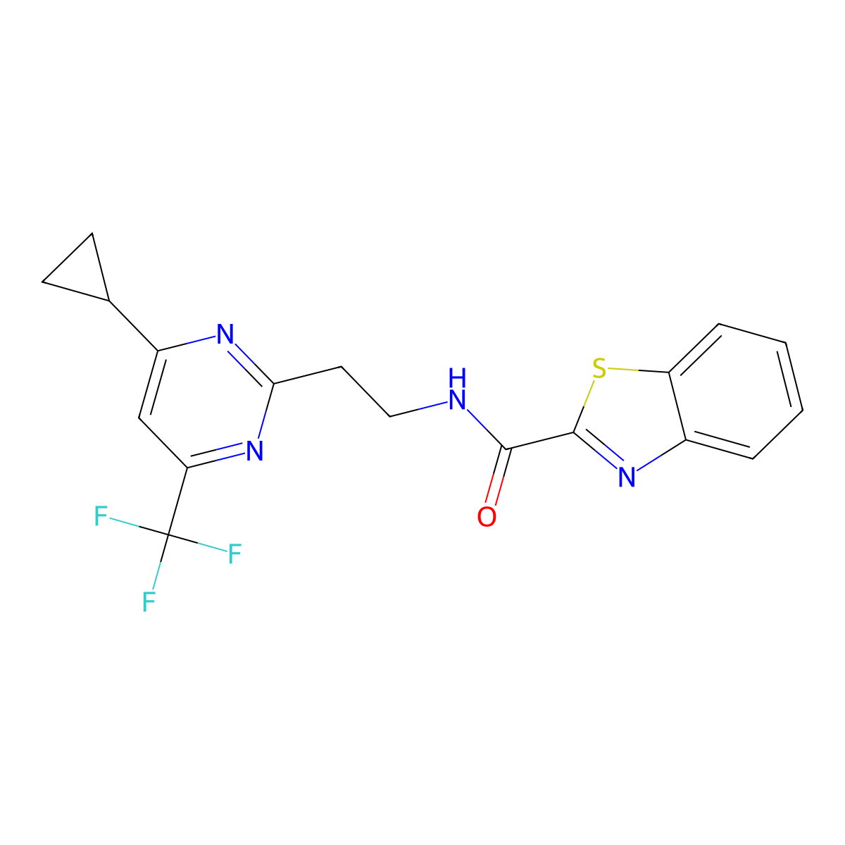 N-(2-(4-cyclopropyl-6-(trifluoromethyl)pyrimidin-2-yl)ethyl)benzo[d]thiazole-2-carboxamide molecular structure, CAS 1396849-52-7