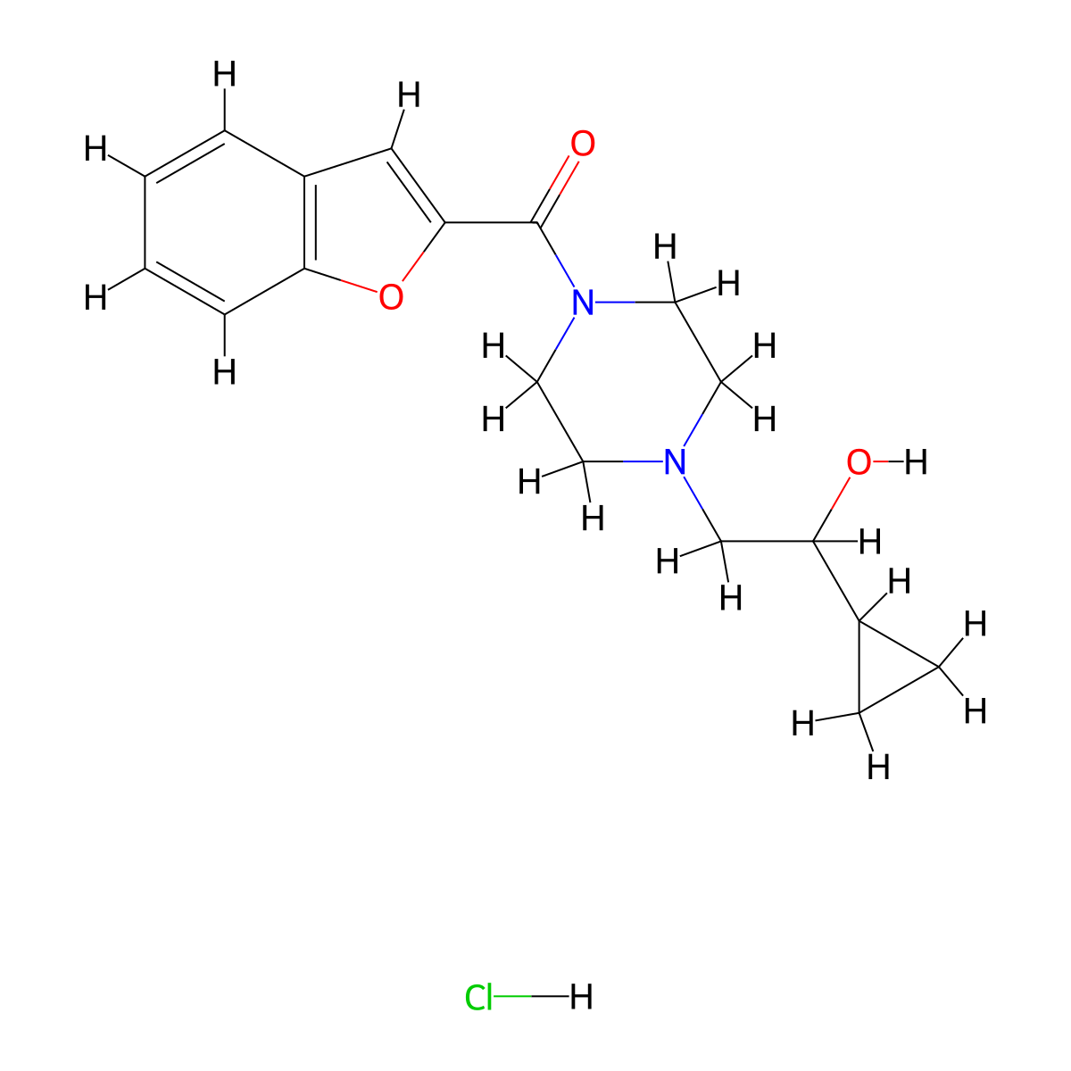 Benzofuran-2-yl(4-(2-cyclopropyl-2-hydroxyethyl)piperazin-1-yl)methanone hydrochloride molecular structure, CAS 1396849-68-5