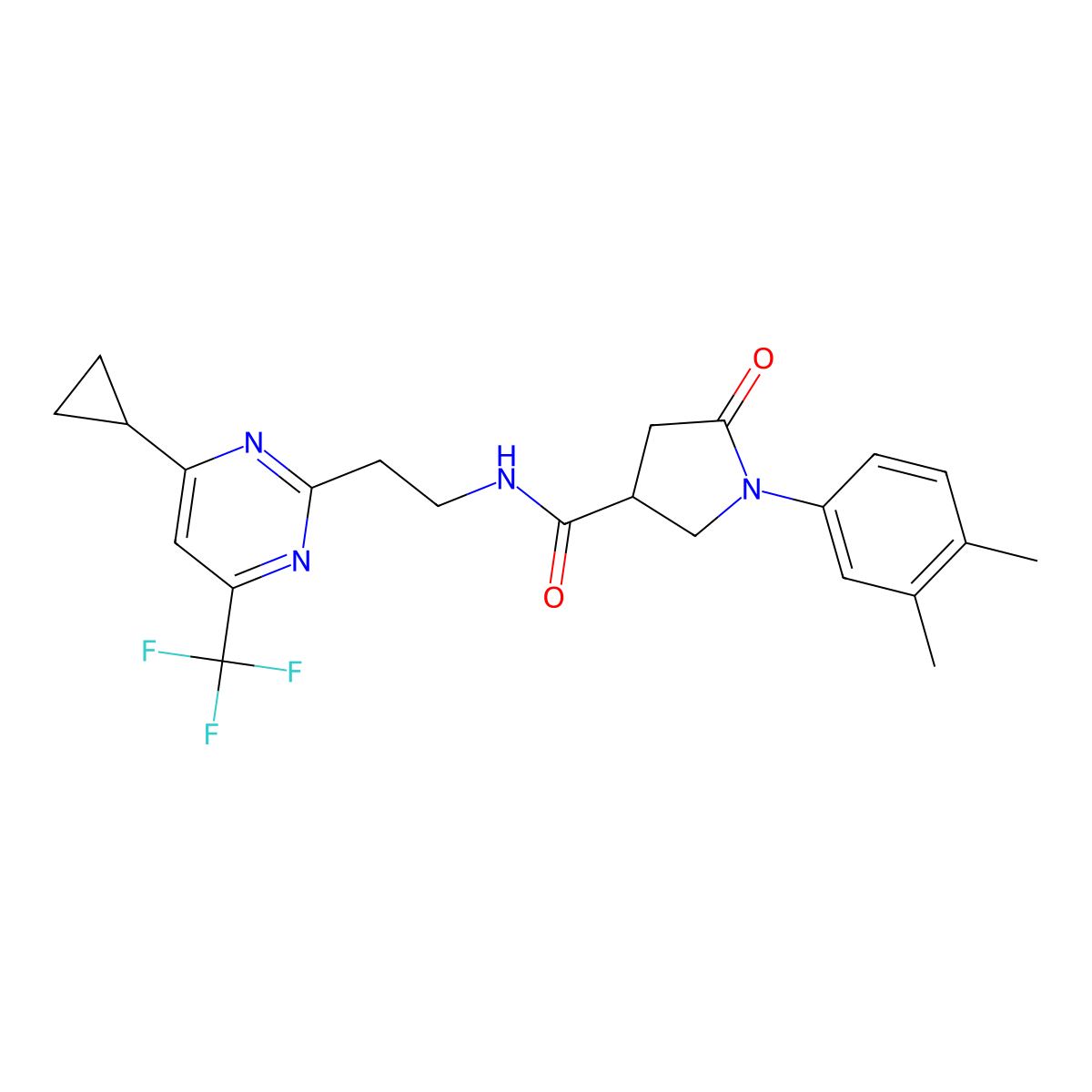 N-(2-(4-cyclopropyl-6-(trifluoromethyl)pyrimidin-2-yl)ethyl)-1-(3,4-dimethylphenyl)-5-oxopyrrolidine-3-carboxamide molecular structure, CAS 1396849-70-9