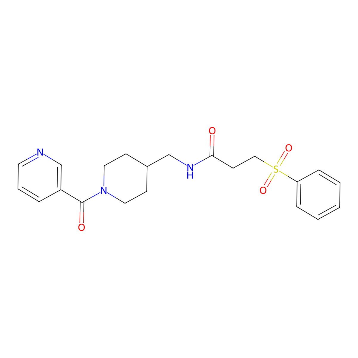 N-((1-nicotinoylpiperidin-4-yl)methyl)-3-(phenylsulfonyl)propanamide molecular structure, CAS 1396849-74-3