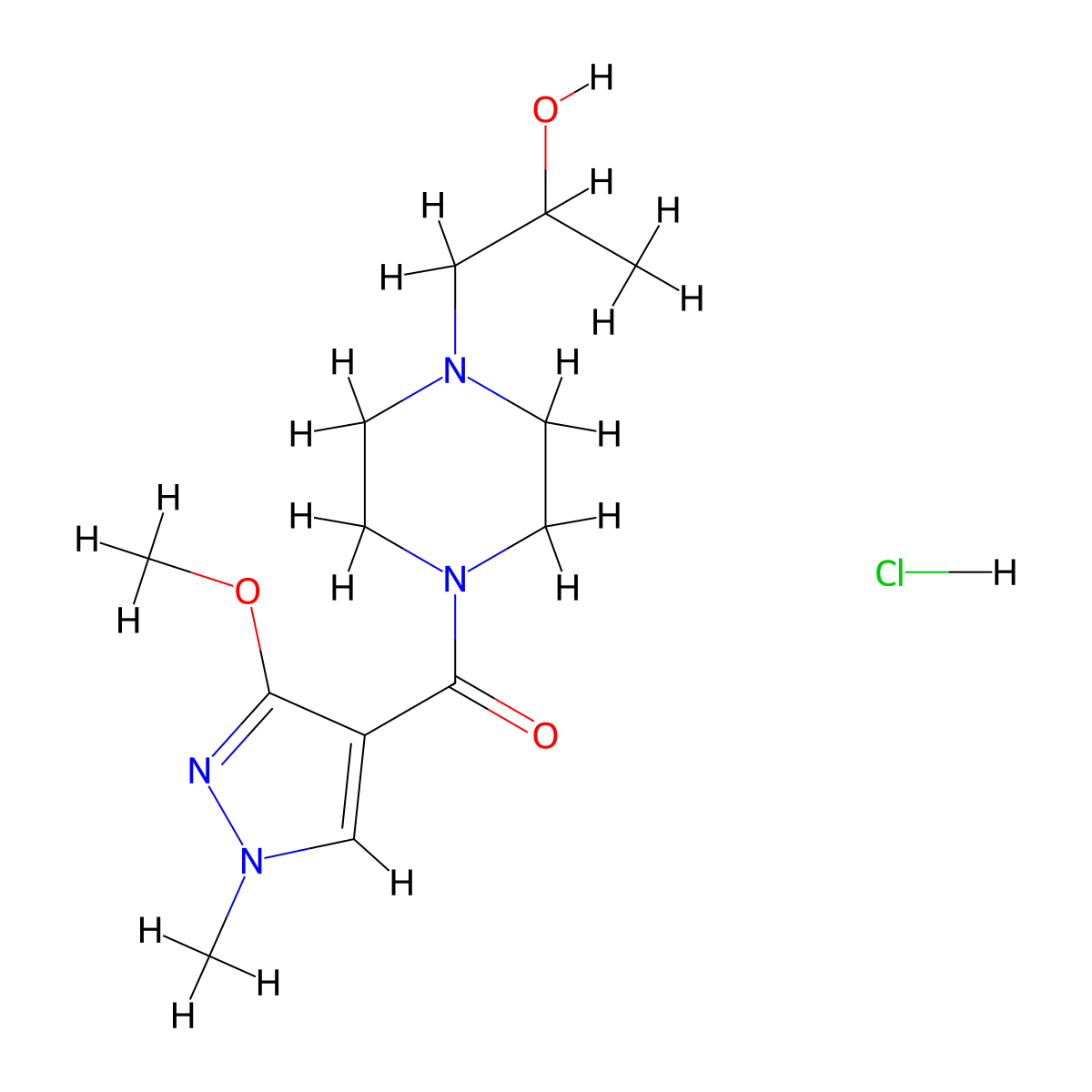 (4-(2-hydroxypropyl)piperazin-1-yl)(3-methoxy-1-methyl-1H-pyrazol-4-yl)methanone hydrochloride molecular structure, CAS 1396849-76-5