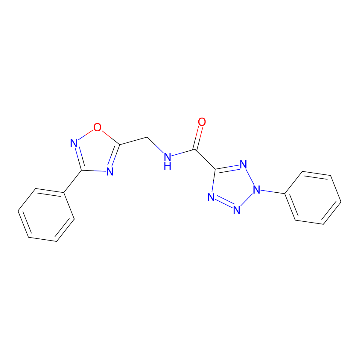 2-phenyl-N-((3-phenyl-1,2,4-oxadiazol-5-yl)methyl)-2H-tetrazole-5-carboxamide molecular structure, CAS 1396849-86-7