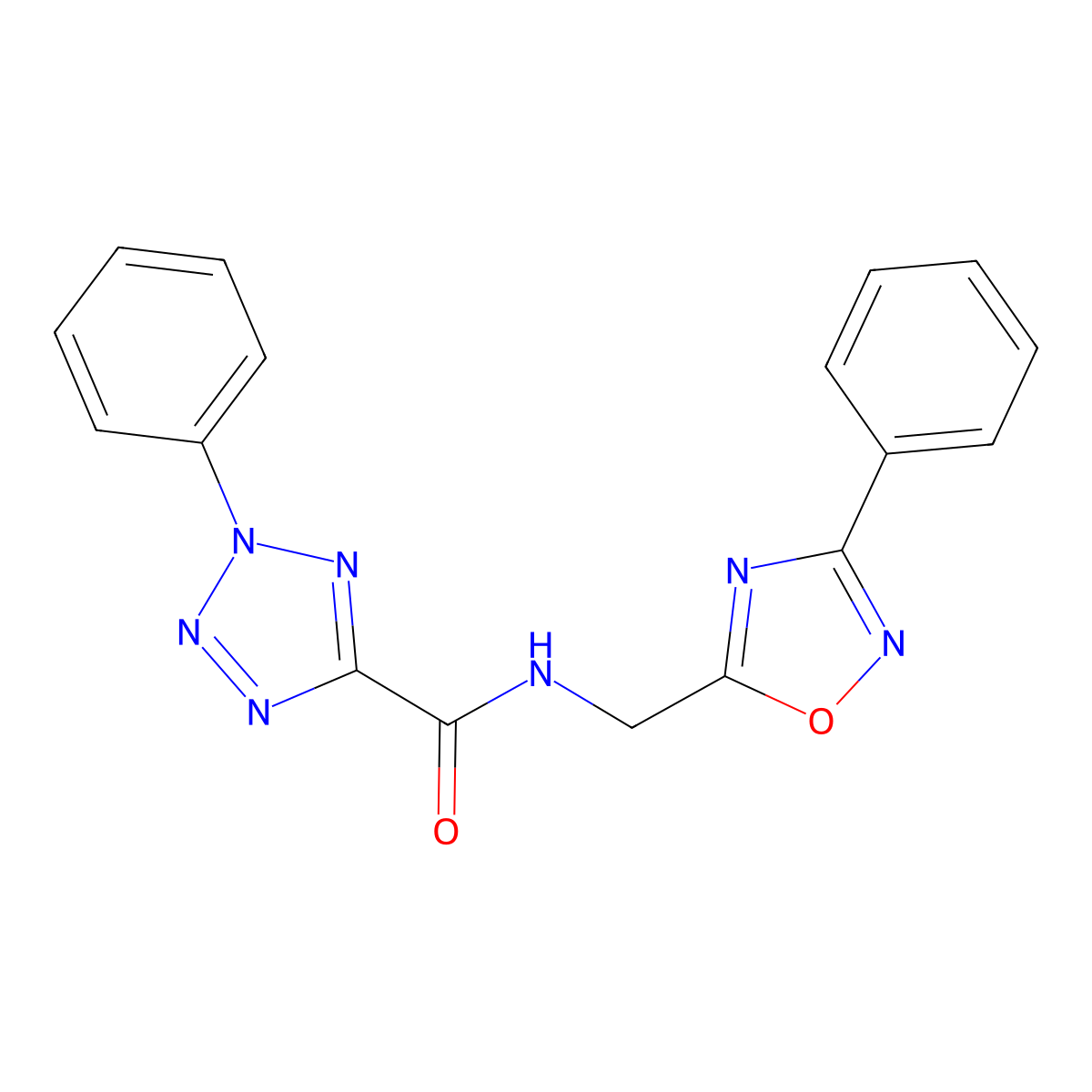 2-phenyl-N-((3-phenyl-1,2,4-oxadiazol-5-yl)methyl)-2H-tetrazole-5-carboxamide molecular structure, CAS 1396849-86-7