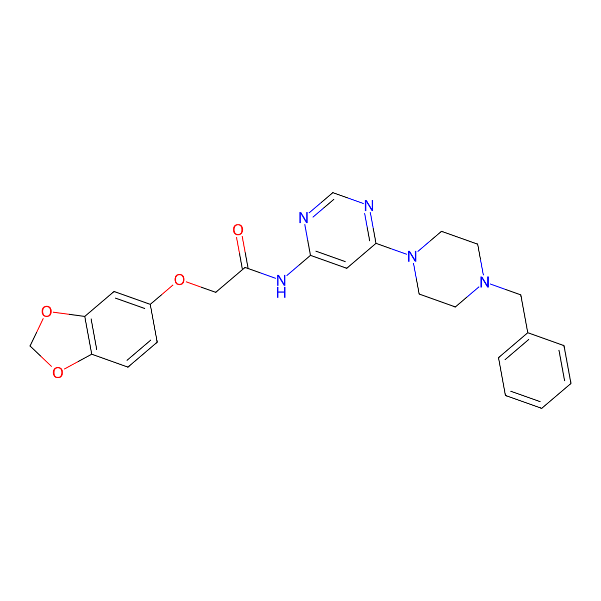2-(benzo[d][1,3]dioxol-5-yloxy)-N-(6-(4-benzylpiperazin-1-yl)pyrimidin-4-yl)acetamide molecular structure, CAS 1396849-93-6