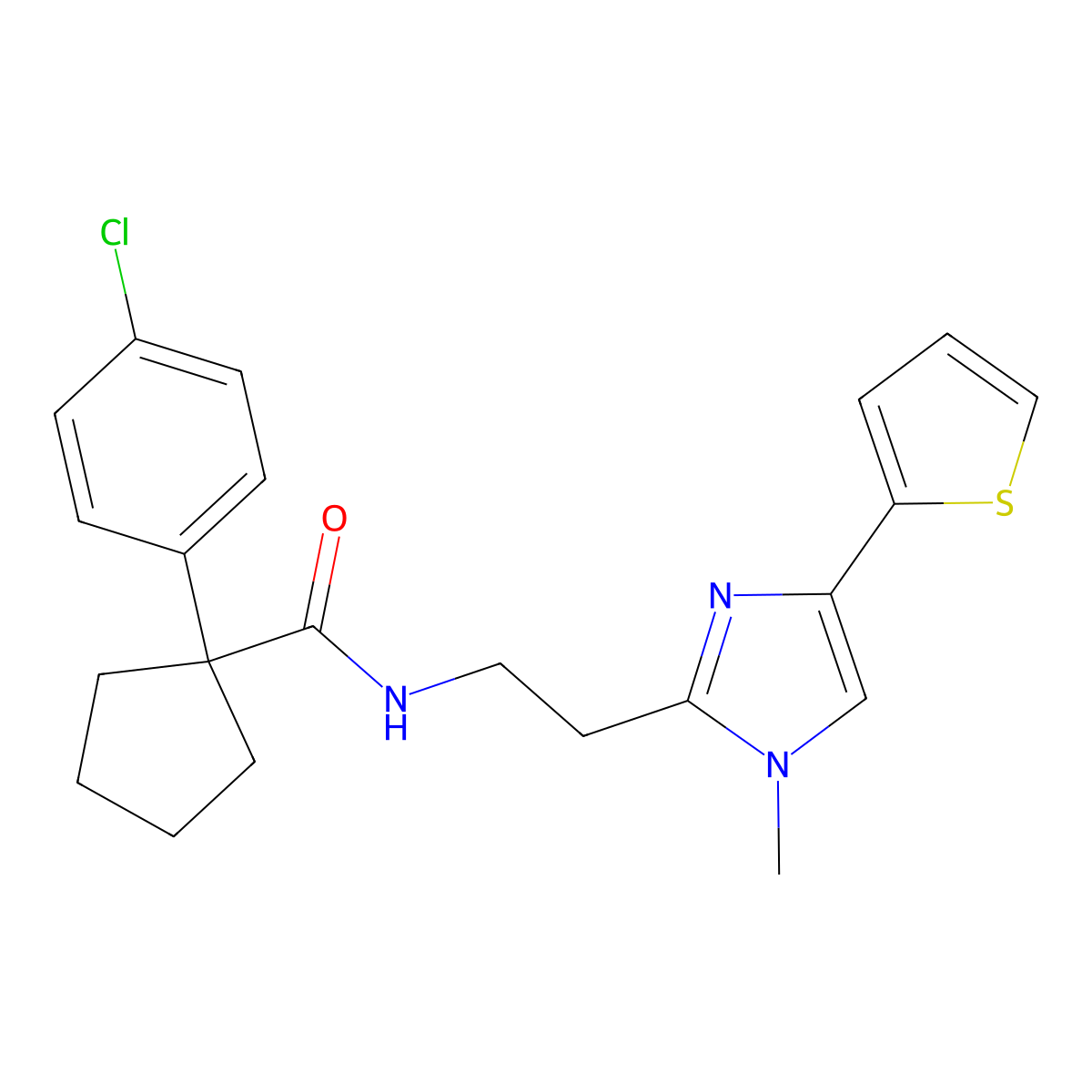 1-(4-chlorophenyl)-N-(2-(1-methyl-4-(thiophen-2-yl)-1H-imidazol-2-yl)ethyl)cyclopentanecarboxamide molecular structure, CAS 1396850-27-3